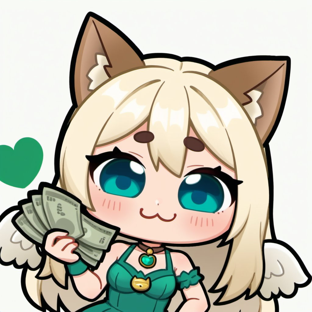 hold , holding , rich , money , dollar , sexy , hentai ,  Emote , high quality, high res , highly detailed face, white background, chibi , 1girl , solo , cute face , kawaii , sexy , twitch , 1girl , loli , white blonde hair , green heart crystal , sexy , cat ears , dot eyebrow ,green blue eyes  ,loli , angel , green dress , long hair , bangs , brown ear , white feather wings , yellow highlight streaks 