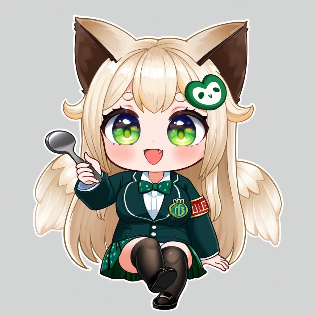 (Fullbody:1.4) , hug big huge spoon , huge fork , sitting , armband , black thighhigh , student shoes , green pleated skirt , cute , hand , hand up , hello , hi , open mouth , evil laugh , sexy , smile , hentai ,  Emote , high quality, high res , highly detailed face, white background,  1girl , solo , cute face , kawaii , sexy , 1girl , loli , white blonde hair ,  heart , sexy , cat ears , dot eyebrow , green eyes  ,loli , feather wings , long hair , TobaRana , hair ornament , feathered wings , animal ears ,virtual youtuber , student , jacket , bow , white background 