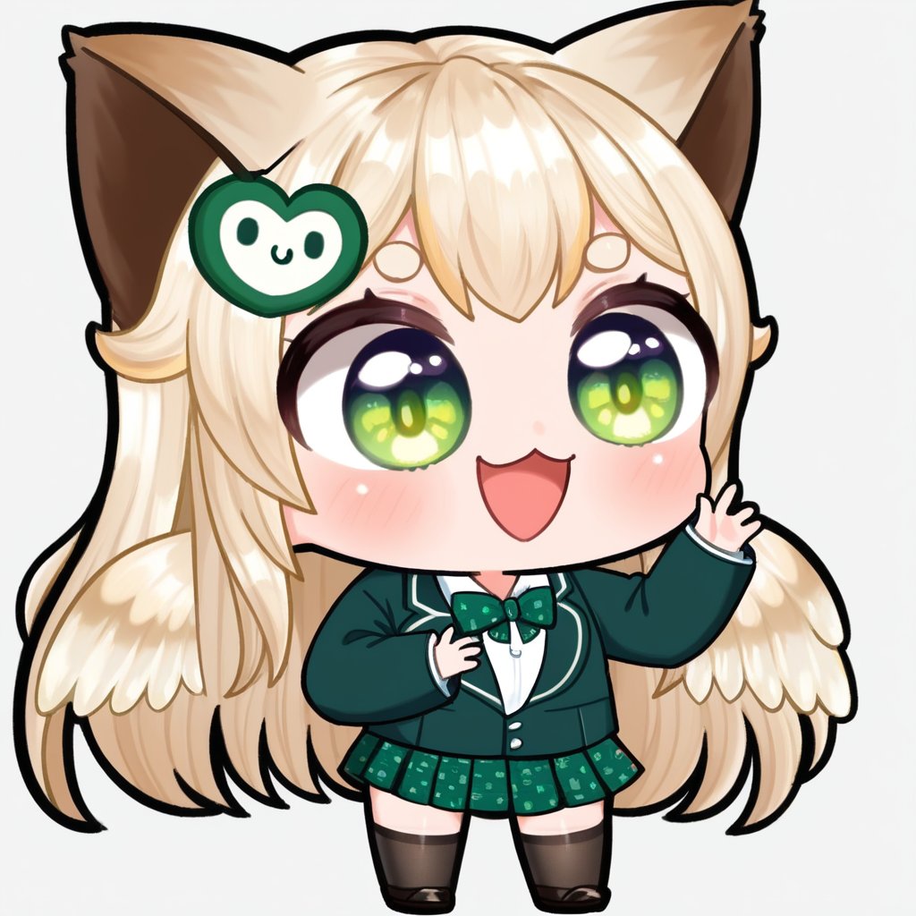 (Fullbody:1.4) , black thighhigh , student shoes , green pleated skirt , cute , chibi , hand , hand up , hello , hi , open mouth , evil laugh , sexy , smile , hentai ,  Emote , high quality, high res , highly detailed face, white background, chibi , 1girl , solo , cute face , kawaii , sexy , twitch , 1girl , loli , white blonde hair ,  heart , sexy , cat ears , dot eyebrow , green eyes  ,loli , feather wings , long hair , TobaRana , hair ornament , feathered wings , animal ears ,virtual youtuber , student , jacket , bow , white background 