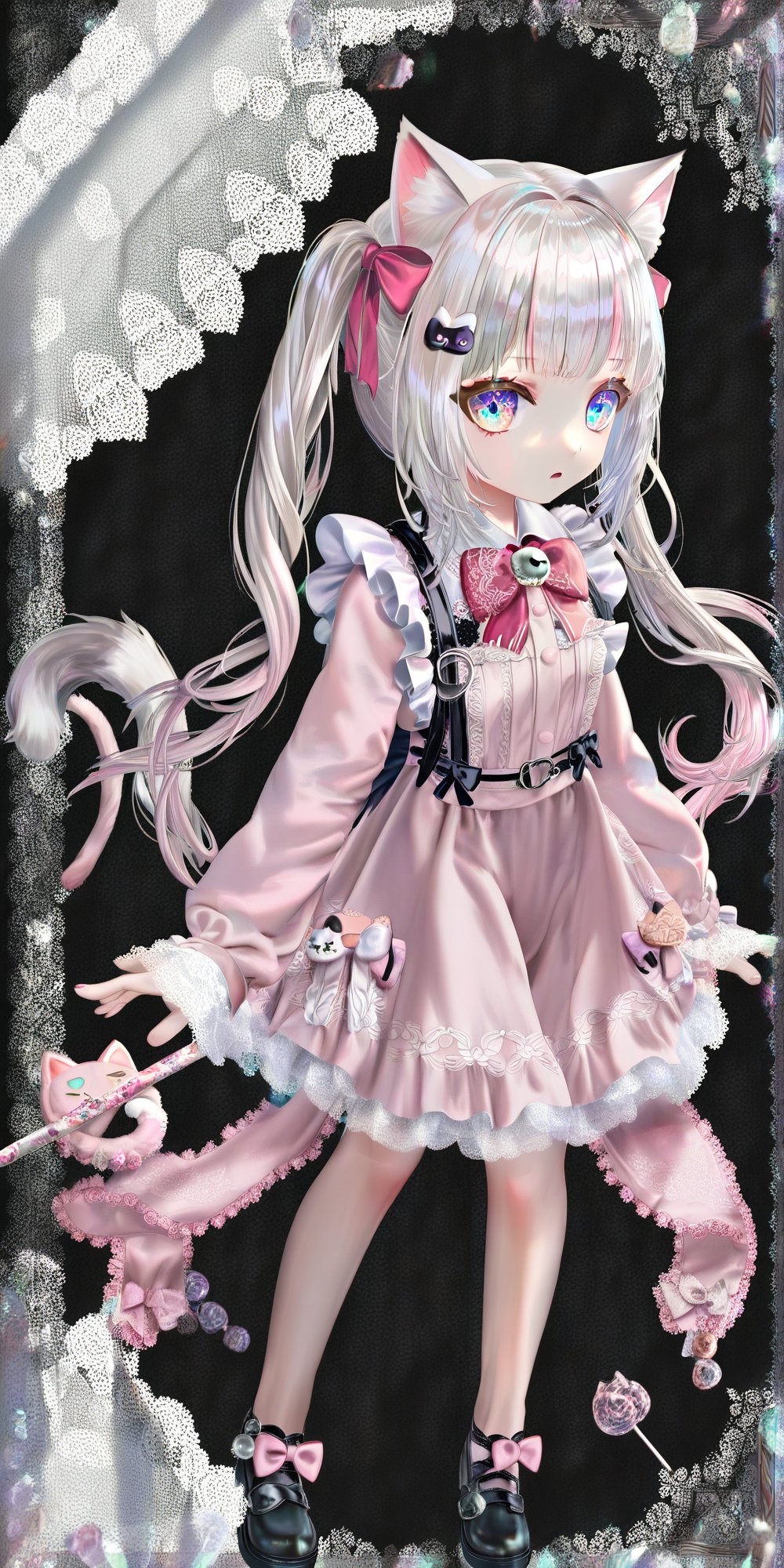 1girl , cat girl , white hair ,tails , pink maid , pink ribbon , bow ,  jirai kei  , cute , pink and blue eyes , candy , heterochromatic pupils , (fullbody:1.4) , symmetry , simple background , virtual youtuber , Exquisite, complicated, embroidery, long hair , twintail , standing , stand still , black background