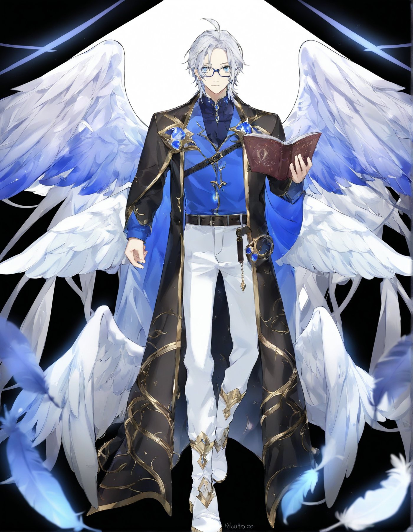 1boy , (wings) , ( feather wings ) ,(angel wings) , (bird wings ) , sexy , nsfw ,  young , solo  , stand still , (fullbody:1.4) , symmetry ,  looking at viewer,  blue eyes,  boots , mysterious, golden decoration on mage robe ,  belt, pants,  white footwear, teacher , noble , marine , white background , simple background , virtual youtuber,  blue and white and gold color theme , long silver hair , mix hair streaks , blue shirt, suit, mage robe , Glasses ,exquisite, luxurious, shiny, gorgeous , evil , dark , book