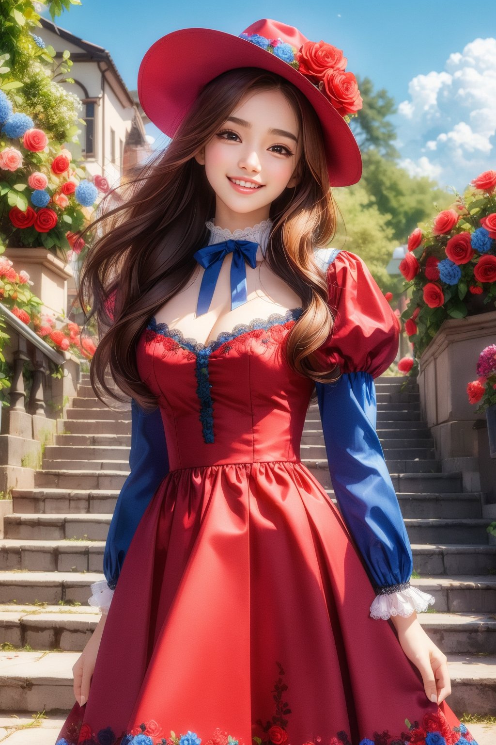 busty and sexy girl, 8k, masterpiece, ultra-realistic, best quality, high resolution, high definition, 1girl, solo, long hair, breasts, looking at viewer, smile, bangs, brown hair, hair ornament, long sleeves, hat, dress, ribbon, brown eyes, flower, outdoors, frills, parted lips, sky, day, puffy sleeves, cloud, hair flower, grin, blue sky, neck ribbon, rose, red dress, frilled dress, red flower, red headwear, blue flower, stairs, hat flower