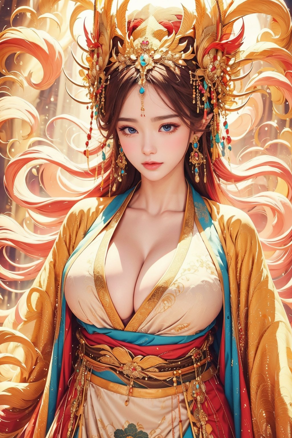 busty and sexy girl, 8k, masterpiece, ultra-realistic, best quality, high resolution, high definition, 1girl, solo, long hair, breasts, looking at viewer, large breasts, hair ornament, long sleeves, cleavage, jewelry, closed mouth, collarbone, upper body, cowboy shot, earrings, pointy ears, lips, sash, chinese clothes, hanfu