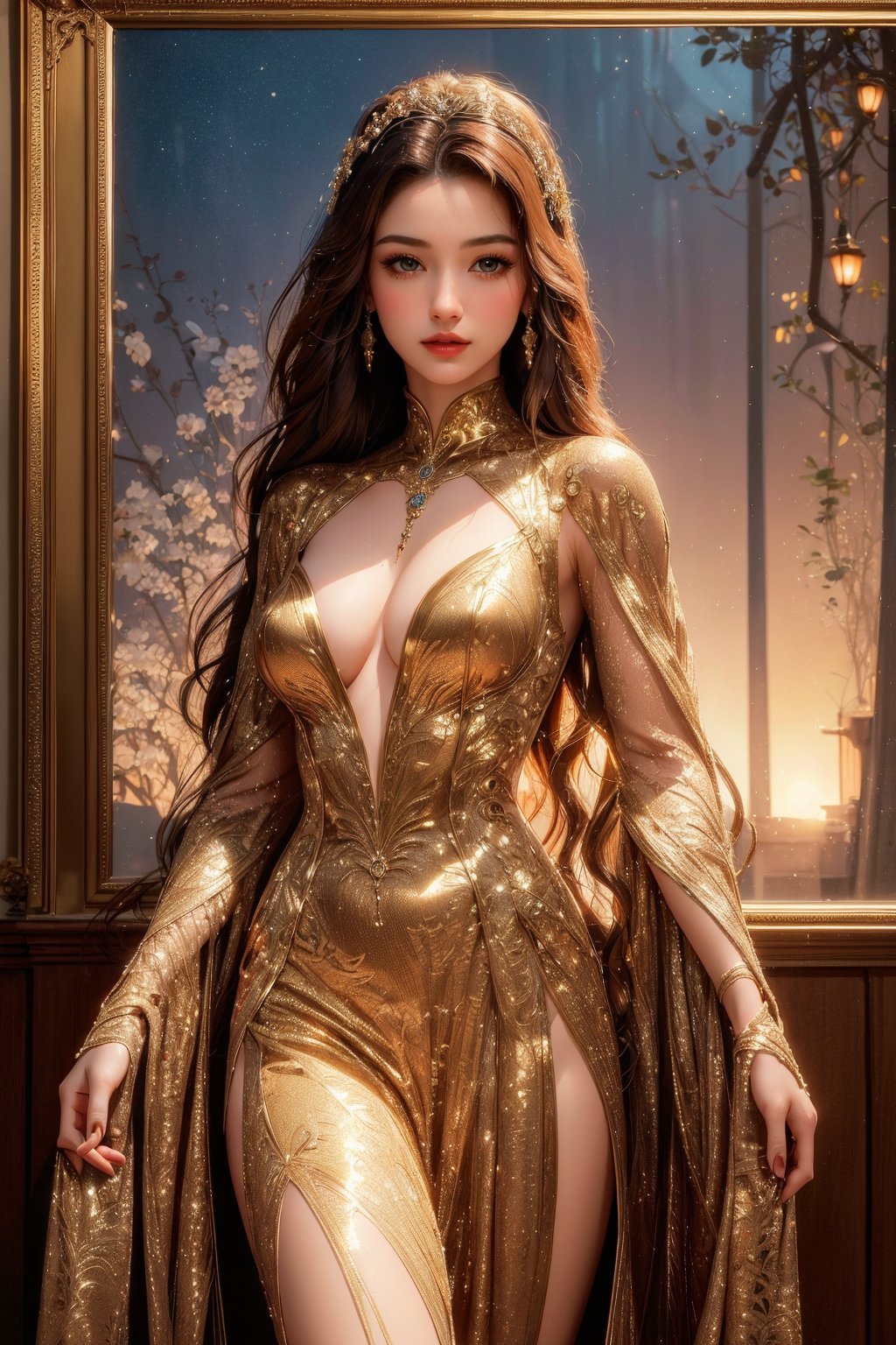 busty and sexy girl, 8k, masterpiece, ultra-realistic, best quality, high resolution, high definition, The image is a stylized representation of a woman, likely intended as an illustration rather than a photograph. The woman is depicted with an ethereal quality, her long hair flowing and her attire suggesting a historical or fantasy setting. The colors used in the image are rich and warm, with the golden tones of the frame complementing the sunset background. The artwork is framed, which suggests it could be a piece of fine art or a collectible item. The overall impression is one of elegance and a sense of a story waiting to be told.