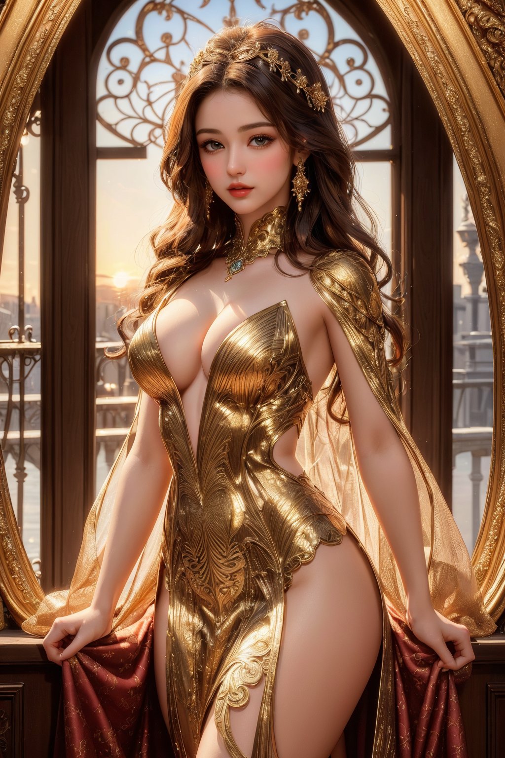 busty and sexy girl, 8k, masterpiece, ultra-realistic, best quality, high resolution, high definition, The image is a stylized representation of a woman, likely intended as an illustration rather than a photograph. The woman is depicted with an ethereal quality, her long hair flowing and her attire suggesting a historical or fantasy setting. The colors used in the image are rich and warm, with the golden tones of the frame complementing the sunset background. The artwork is framed, which suggests it could be a piece of fine art or a collectible item. The overall impression is one of elegance and a sense of a story waiting to be told.