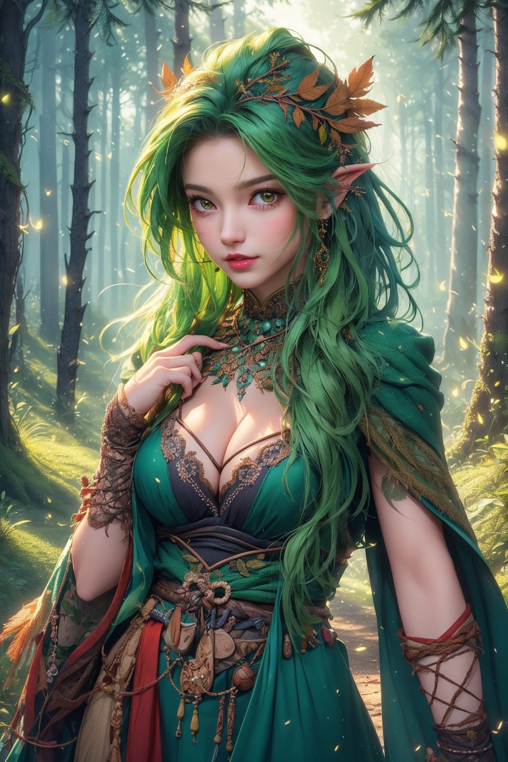 busty and sexy girl, 8k, masterpiece, ultra-realistic, best quality, high resolution, high definition, the character should be a mischievous forest spirit, ((glowing green eyes)), leaves woven into their hair. The background should be a moonlit forest clearing, with fireflies dancing in the air. The overall mood should be mysterious and enchanting, inviting viewers to explore the hidden magic of the woods.