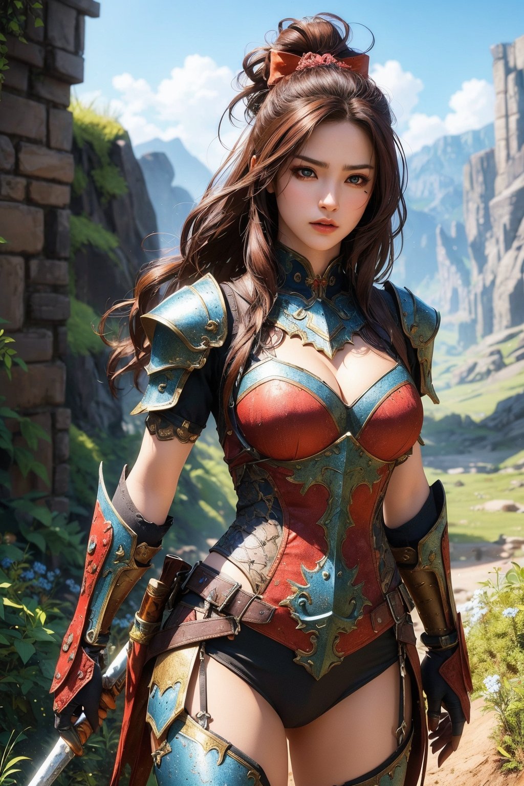 busty and sexy girl, 8k, masterpiece, ultra-realistic, best quality, high resolution, high definition, The image shows a character that appears to be designed for a video game or fantasy setting. The attire is indicative of a warrior or hunter archetype, with armor pieces that suggest mobility and combat readiness. The presence of the bow indicates a role that involves ranged combat. The character's stance and facial expression convey a sense of determination or readiness. The environment suggests a natural outdoor setting, which could imply that the character operates in such terrains. The color scheme and design elements are consistent with a high-fantasy aesthetic, often seen in role-playing games or fantasy novels.