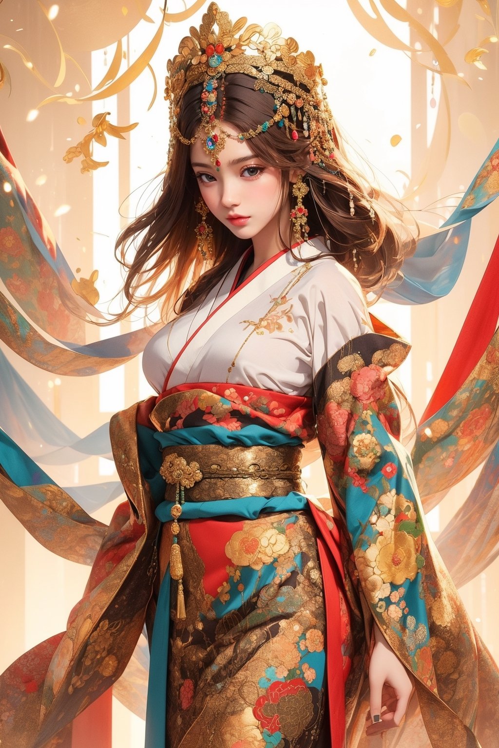 busty and sexy girl, 8k, masterpiece, ultra-realistic, best quality, high resolution, high definition, The figure wears an FLOWER headdress adorned with gold accents and pearls. LOW-CUT, FLOWER PATTERN KIMONO. Gold embroidery and gemstones create a sense of luxury. The fabric drapes elegantly, suggesting a flowing robe or gown. The overall color palette—rich golds and glowing whites. COLORFUL SMOKE BACKGROUND.