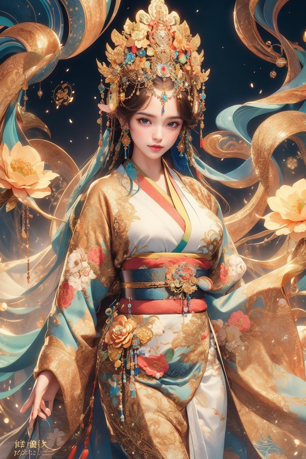 busty and sexy girl, 8k, masterpiece, ultra-realistic, best quality, high resolution, high definition, The figure wears an FLOWER headdress adorned with gold accents and pearls. LOW-CUT, FLOWER PATTERN KIMONO. Gold embroidery and gemstones create a sense of luxury. The fabric drapes elegantly, suggesting a flowing robe or gown. The overall color palette—rich golds and glowing whites. COLORFUL SMOKE BACKGROUND.,ELIGHT