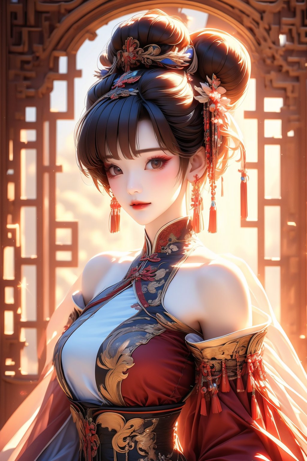 busty and sexy girl, 8k, masterpiece, ultra-realistic, best quality, high resolution, high definition, bare shoulder, sparkle, glow, close mouth, 1girl, solo, looking at viewer, short hair, bangs, brown hair, hair ornament, dress, brown eyes, jewelry, closed mouth, upper body, earrings, detached sleeves, indoors, hair bun, CHINESE window, makeup, chinese clothes, tassel, red lips, tassel earrings, lattice