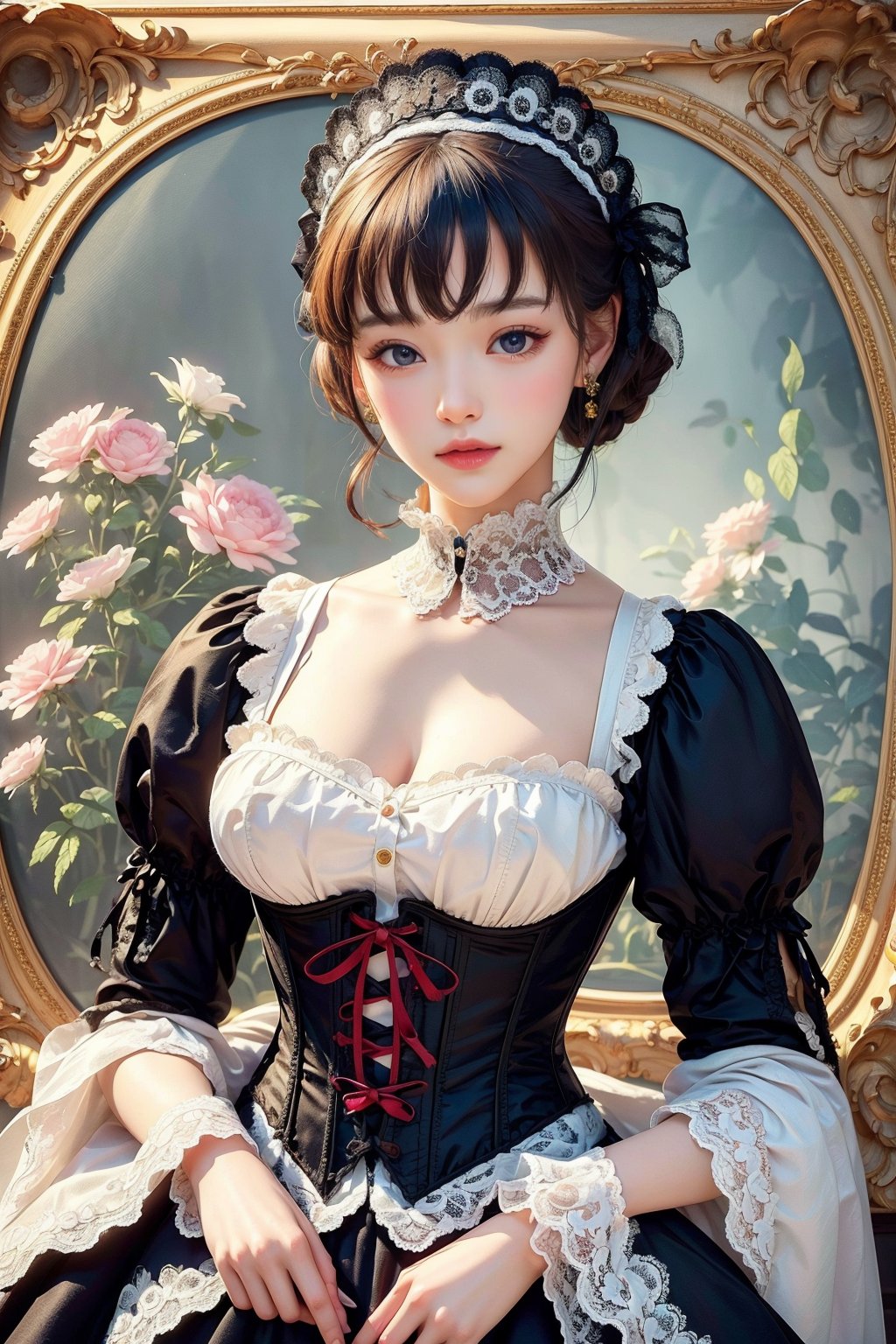 busty and sexy girl, 8k, masterpiece, ultra-realistic, best quality, high resolution, high definition, Lolita, maid, Victorian fashion, Rococo fashion, black corset with red ribbon lacing, White lace details on the sleeves, Puffed sleeves, headpiece adorned with flowers, ornate flower frame background, historical vibe, historical fashion with fantasy elements,lolitabusty and sexy girl, 8k, masterpiece, ultra-realistic, best quality, high resolution, high definition, Lolita, maid, Victorian fashion, Rococo fashion, black corset with red ribbon lacing, White lace details on the sleeves, Puffed sleeves, headpiece adorned with flowers, ornate flower frame background, historical vibe, historical fashion with fantasy elements,lolita