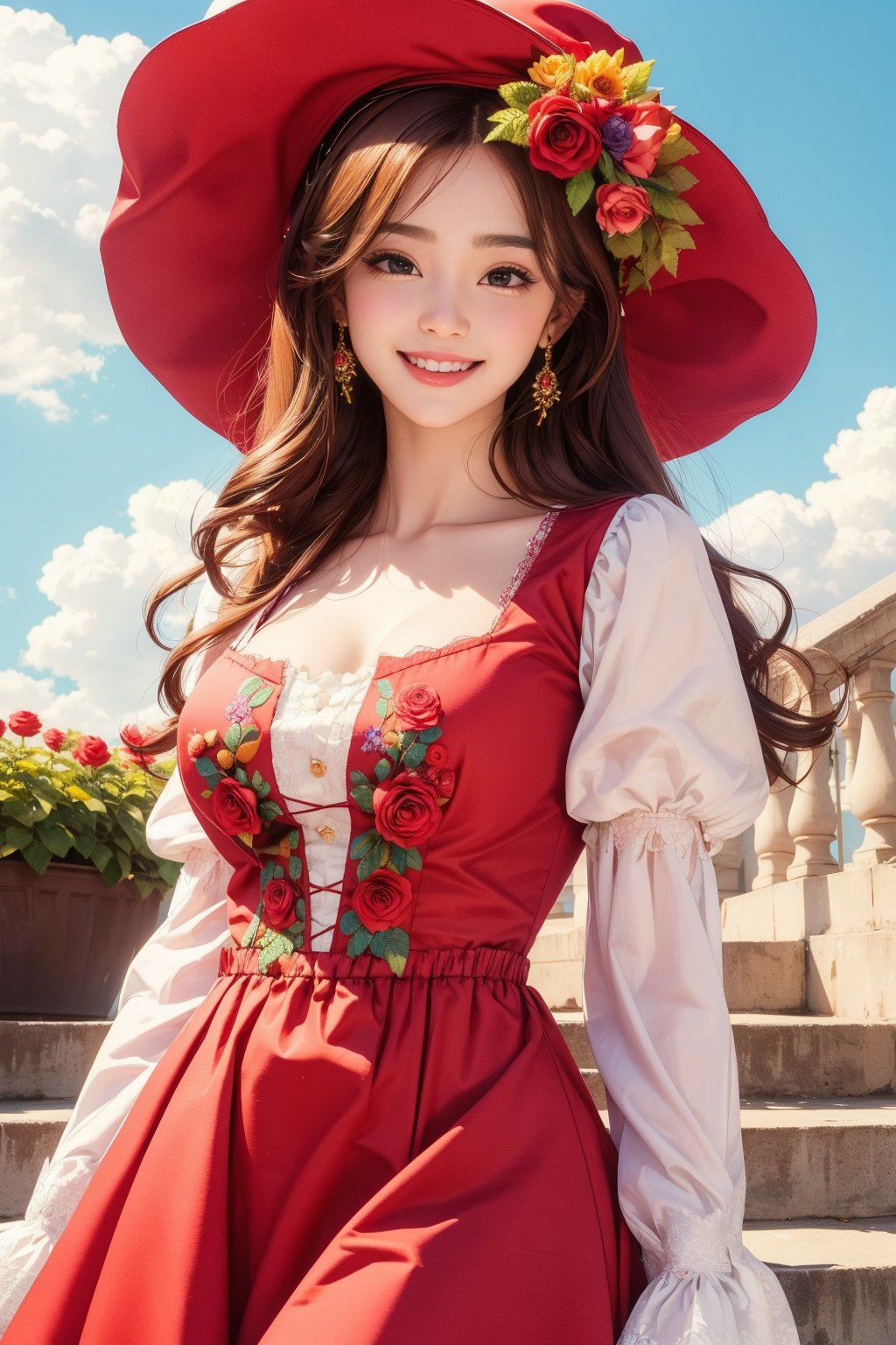 busty and sexy girl, 8k, masterpiece, ultra-realistic, best quality, high resolution, high definition, 1girl, solo, long hair, breasts, looking at viewer, smile, bangs, brown hair, hair ornament, long sleeves, hat, dress, ribbon, brown eyes, flower, outdoors, frills, parted lips, sky, day, puffy sleeves, cloud, hair flower, grin, blue sky, neck ribbon, rose, red dress, frilled dress, red flower, red headwear, blue flower, stairs, hat flower