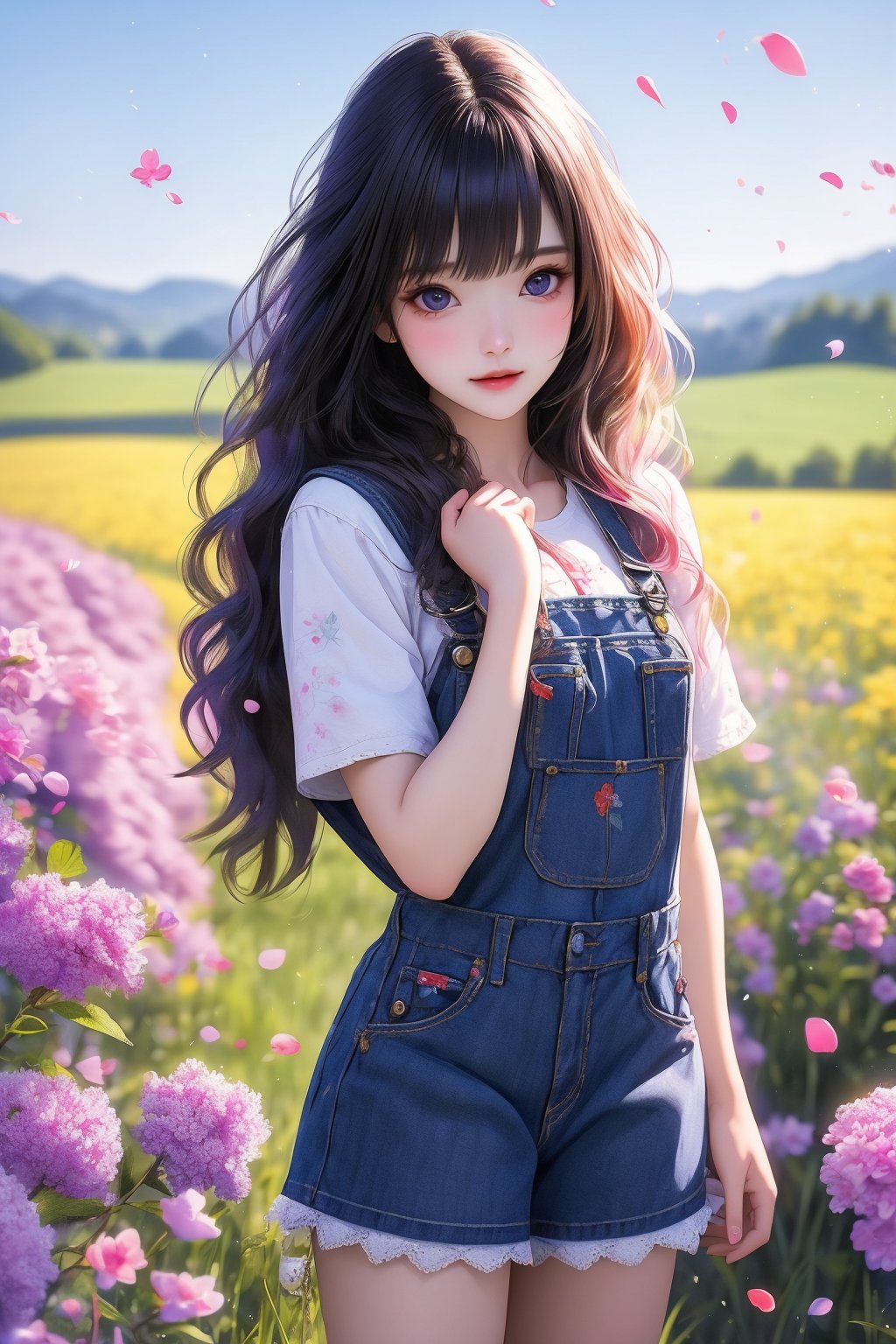 busty and sexy girl, 8k, masterpiece, ultra-realistic, best quality, high resolution, high definition, background is flower field,grass field,horizon,wind blowing,petals blowing,16 yo, 1 girl, beautiful girl,smile, wearing denim overalls skirt,long socks,standing on flower field,holding buquet, cowboy shot,very_long_hair, hair past hip, bangs, curly hair, realhands, masterpiece, Best Quality, 16k, photorealistic, ultra-detailed, finely detailed, high resolution, perfect dynamic composition, beautiful detailed eyes, ((nervous and embarrassed)), sharp-focus, full body shot,pink flower,flower