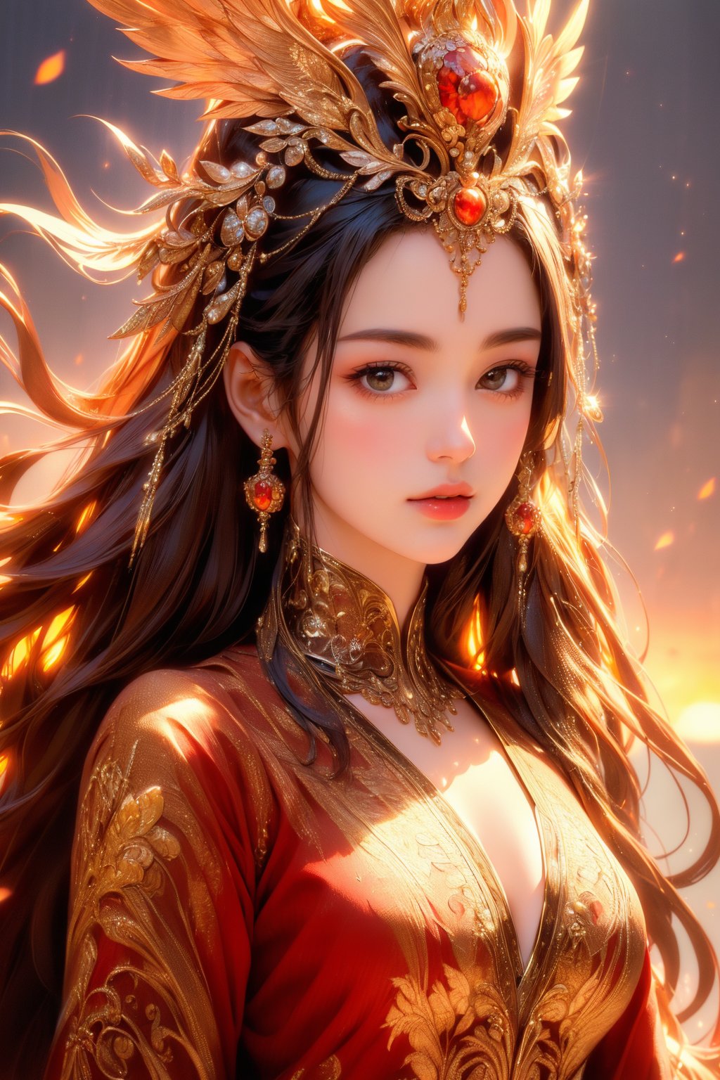 busty and sexy girl, 8k, masterpiece, ultra-realistic, best quality, high resolution, high definition, The image is a stylized representation of a woman, likely intended as an illustration rather than a photograph. The woman is depicted with an ethereal quality, her long hair flowing and her attire suggesting a historical or fantasy setting. The colors used in the image are rich and warm, with the golden tones of the frame complementing the sunset background. The artwork is framed, which suggests it could be a piece of fine art or a collectible item. The overall impression is one of elegance and a sense of a story waiting to be told.