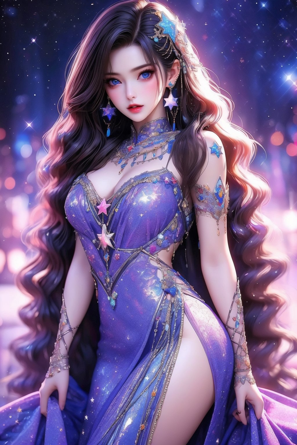 busty and sexy girl, 8k, masterpiece, ultra-realistic, best quality, high resolution, high definition, 1girl, solo, long hair, looking at viewer, blue eyes, brown hair, dress, jewelry, earrings, parted lips, star \(symbol\), lips, sparkle