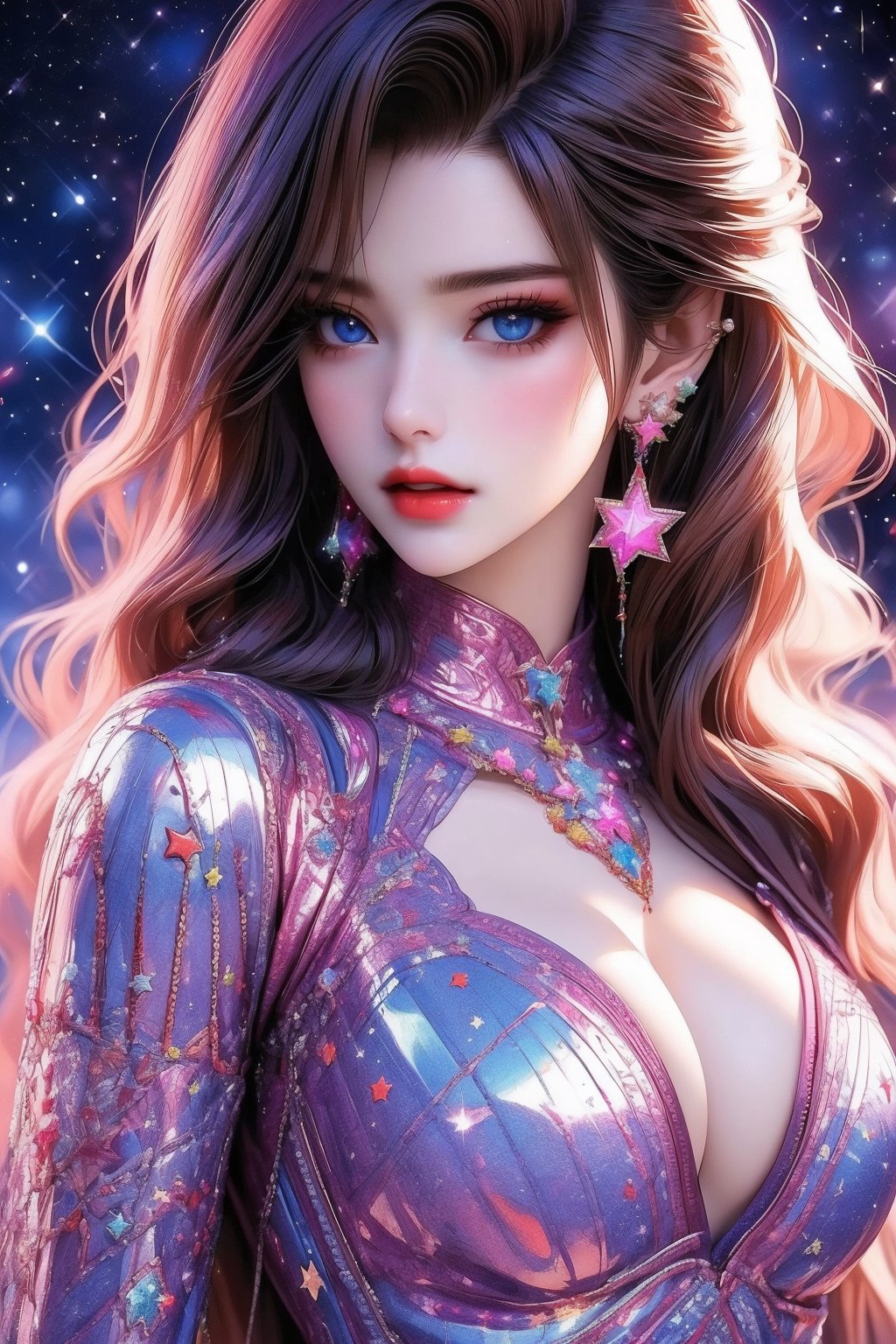 busty and sexy girl, 8k, masterpiece, ultra-realistic, best quality, high resolution, high definition, 1girl, solo, long hair, looking at viewer, blue eyes, brown hair, dress, jewelry, earrings, parted lips, star \(symbol\), lips, sparkle