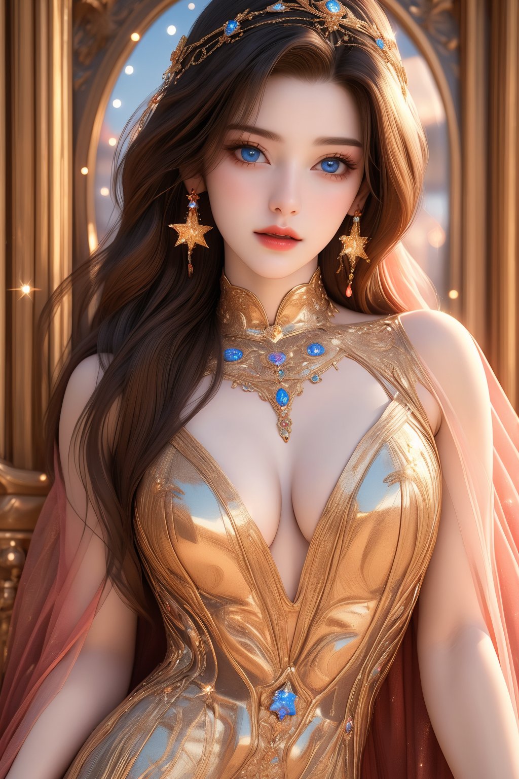 busty and sexy girl, 8k, masterpiece, ultra-realistic, best quality, high resolution, high definition, 1girl, solo, long hair, looking at viewer, blue eyes, brown hair, dress, jewelry, earrings, parted lips, star \(symbol\), lips, sparkle