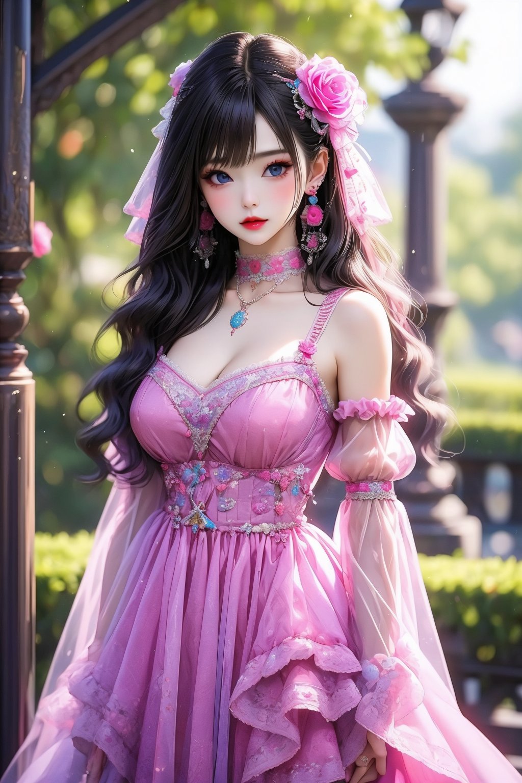 busty and sexy girl, 8k, masterpiece, ultra-realistic, best quality, high resolution, high definition, 1girl, solo, long hair, breasts, looking at viewer, bangs, blue eyes, large breasts, brown hair, hair ornament, long sleeves, dress, ribbon, cleavage, bare shoulders, jewelry, closed mouth, standing, collarbone, flower, cowboy shot, earrings, outdoors, frills, detached sleeves, choker, day, puffy sleeves, hair flower, necklace, white dress, blurry, lips, see-through, makeup, depth of field, blurry background, rose, leaf, wavy hair, short dress, frilled dress, plant, lipstick, pink bow, pink dress, pink flower, pink ribbon, arms at sides, red lips, pink rose, see-through sleeves, flower earrings