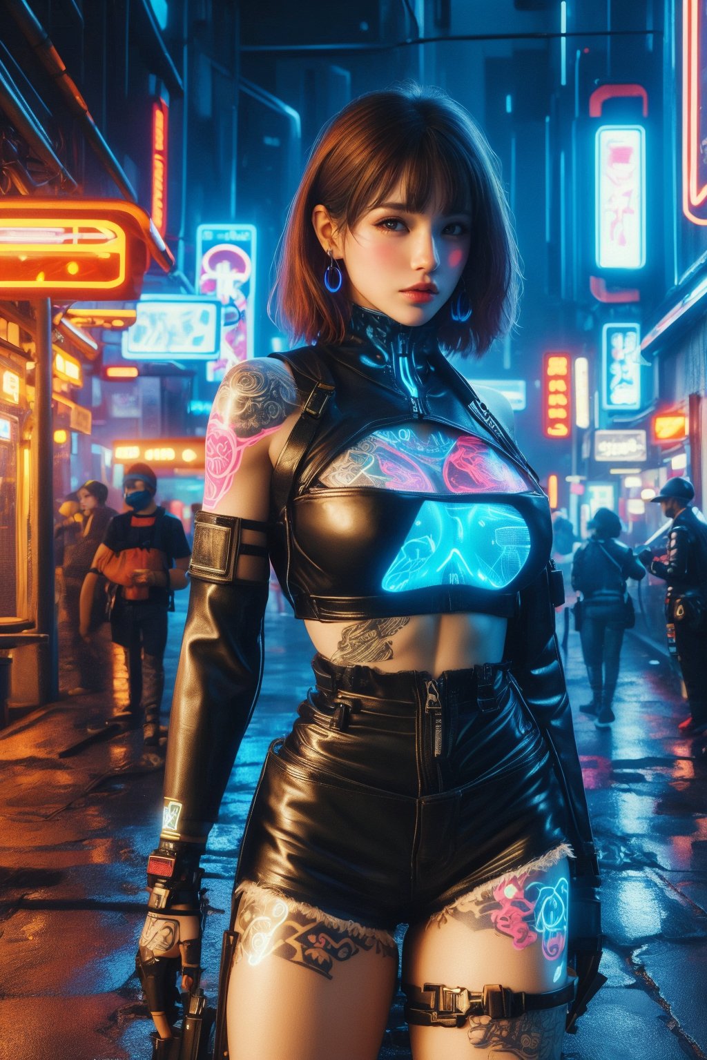 busty and sexy girl, 8k, masterpiece, ultra-realistic, best quality, high resolution, high definition, hologram, cyberpunk, science fiction, neon light, glowing tattoo, night city, leather