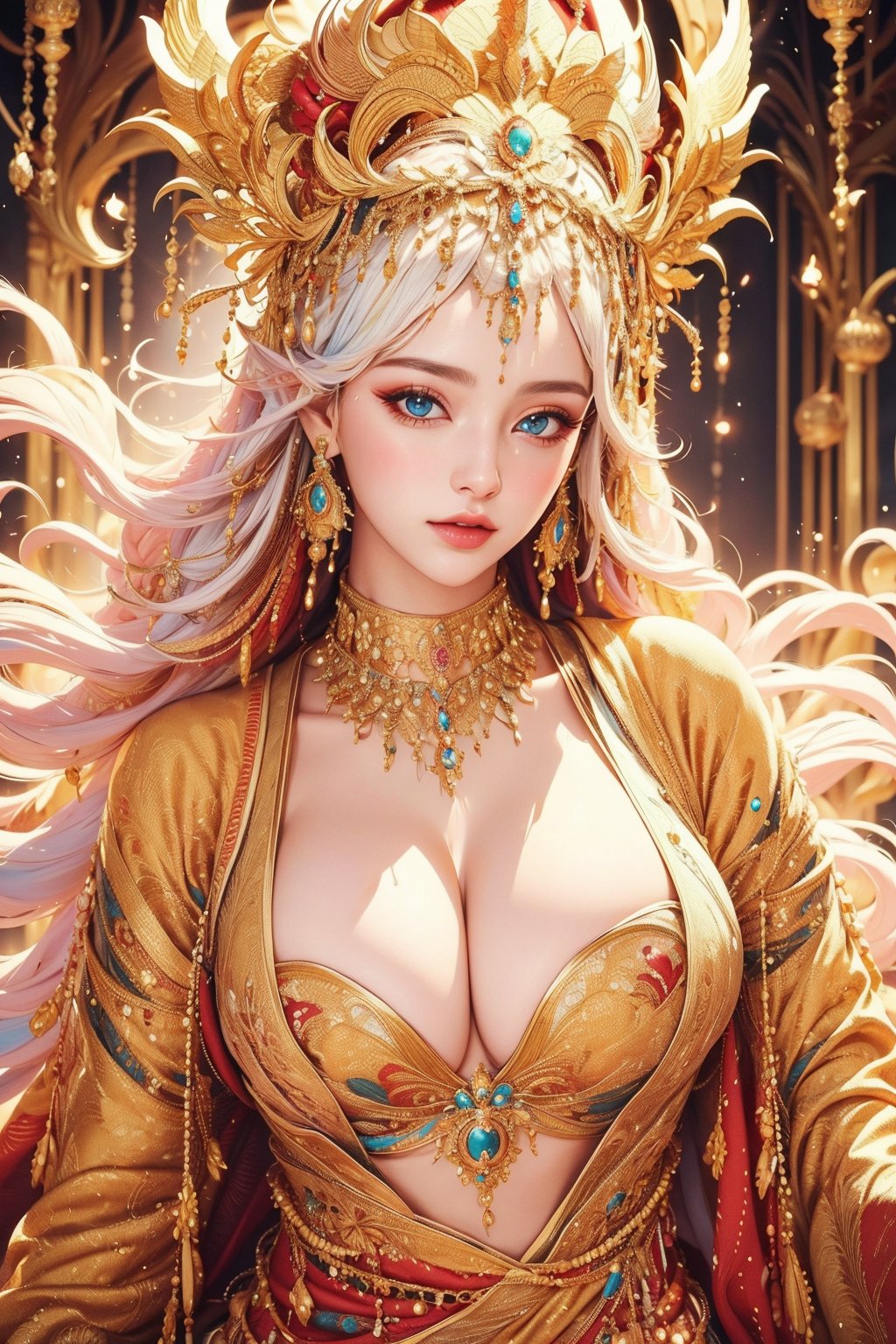 busty and sexy girl, 8k, masterpiece, ultra-realistic, best quality, high resolution, high definition,  The image portrays a person with striking white hair adorned by a golden headpiece and intricate jewelry. The overall aesthetic suggests a blend of regal elegance and fantasy