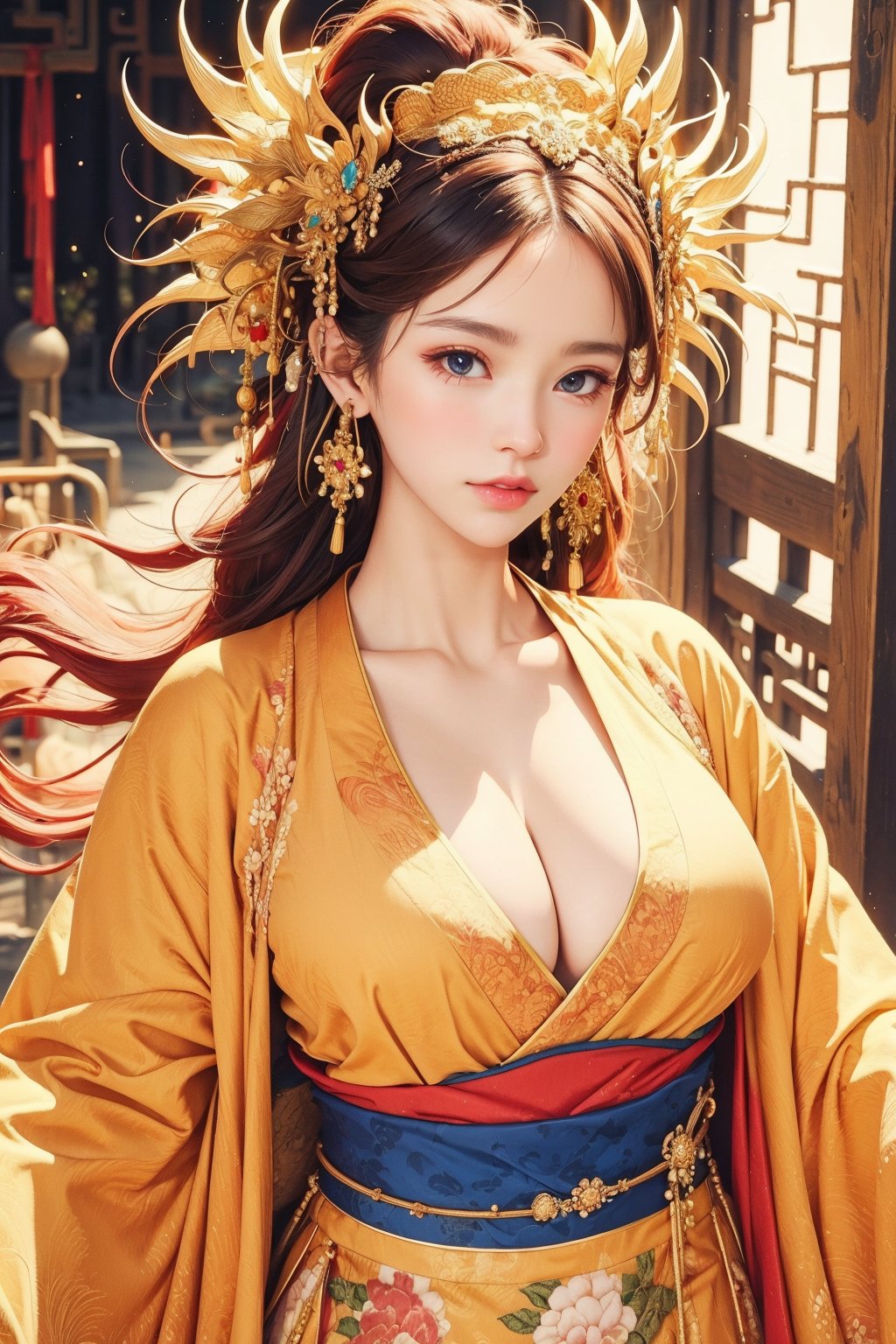 busty and sexy girl, 8k, masterpiece, ultra-realistic, best quality, high resolution, high definition, 1girl, solo, long hair, breasts, looking at viewer, large breasts, hair ornament, long sleeves, cleavage, jewelry, closed mouth, collarbone, upper body, cowboy shot, earrings, pointy ears, lips, sash, chinese clothes, hanfu