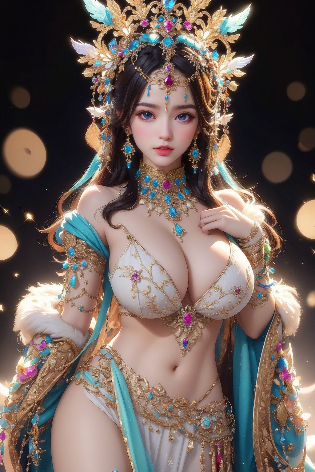 busty and sexy girl, 8k, masterpiece, ultra-realistic, best quality, high resolution, high definition,a character with a detailed and ornate headdress, adorned with what appears to be crystals or gems,OD