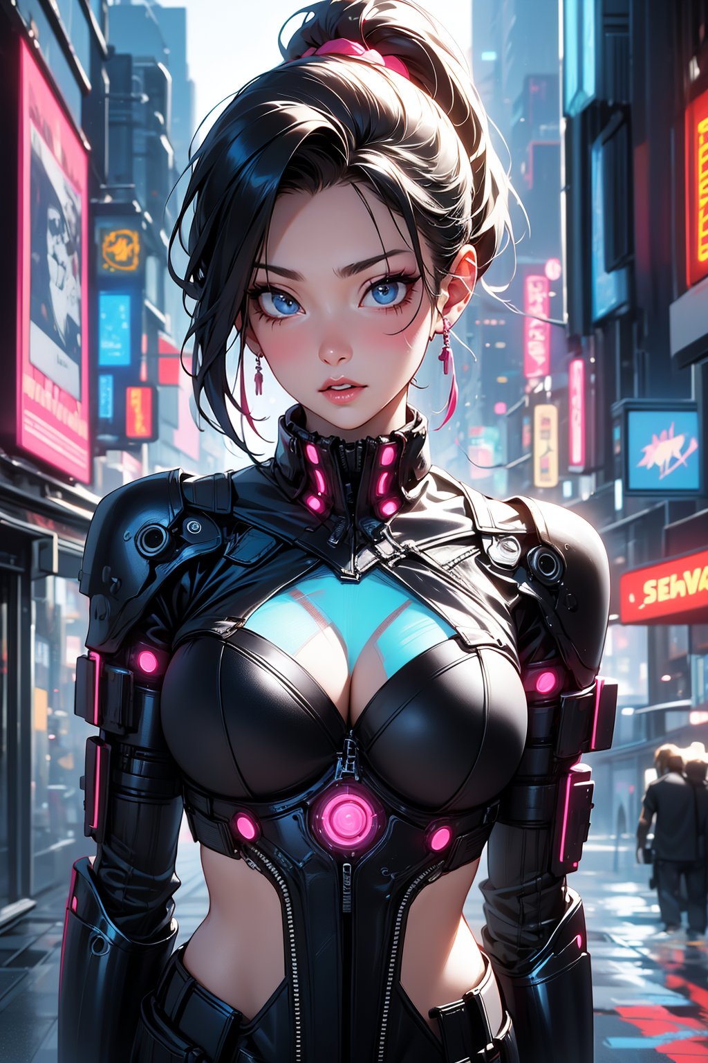 busty and sexy girl, 8k, masterpiece, ultra-realistic, best quality, high resolution, high definition, hologram, cyberpunk, science fiction, neon light, night city, braided ponytail