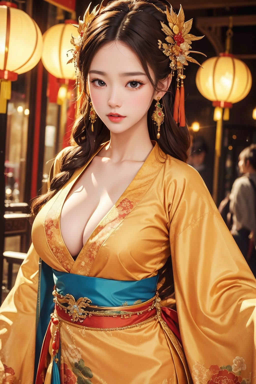 busty and sexy girl, 8k, masterpiece, ultra-realistic, best quality, high resolution, high definition, 1girl, solo, long hair, breasts, looking at viewer, large breasts, hair ornament, long sleeves, cleavage, jewelry, closed mouth, collarbone, upper body, cowboy shot, earrings, pointy ears, lips, sash, chinese clothes, hanfu