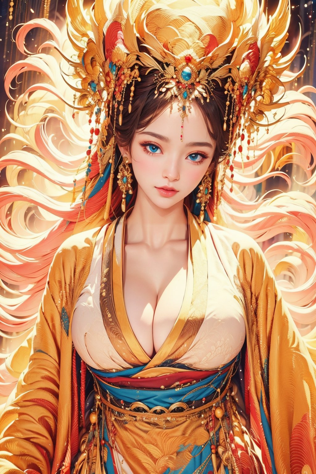 busty and sexy girl, 8k, masterpiece, ultra-realistic, best quality, high resolution, high definition, 1girl, solo, long hair, breasts, looking at viewer, large breasts, hair ornament, long sleeves, cleavage, jewelry, closed mouth, collarbone, upper body, cowboy shot, earrings, pointy ears, lips, sash, chinese clothes, hanfu