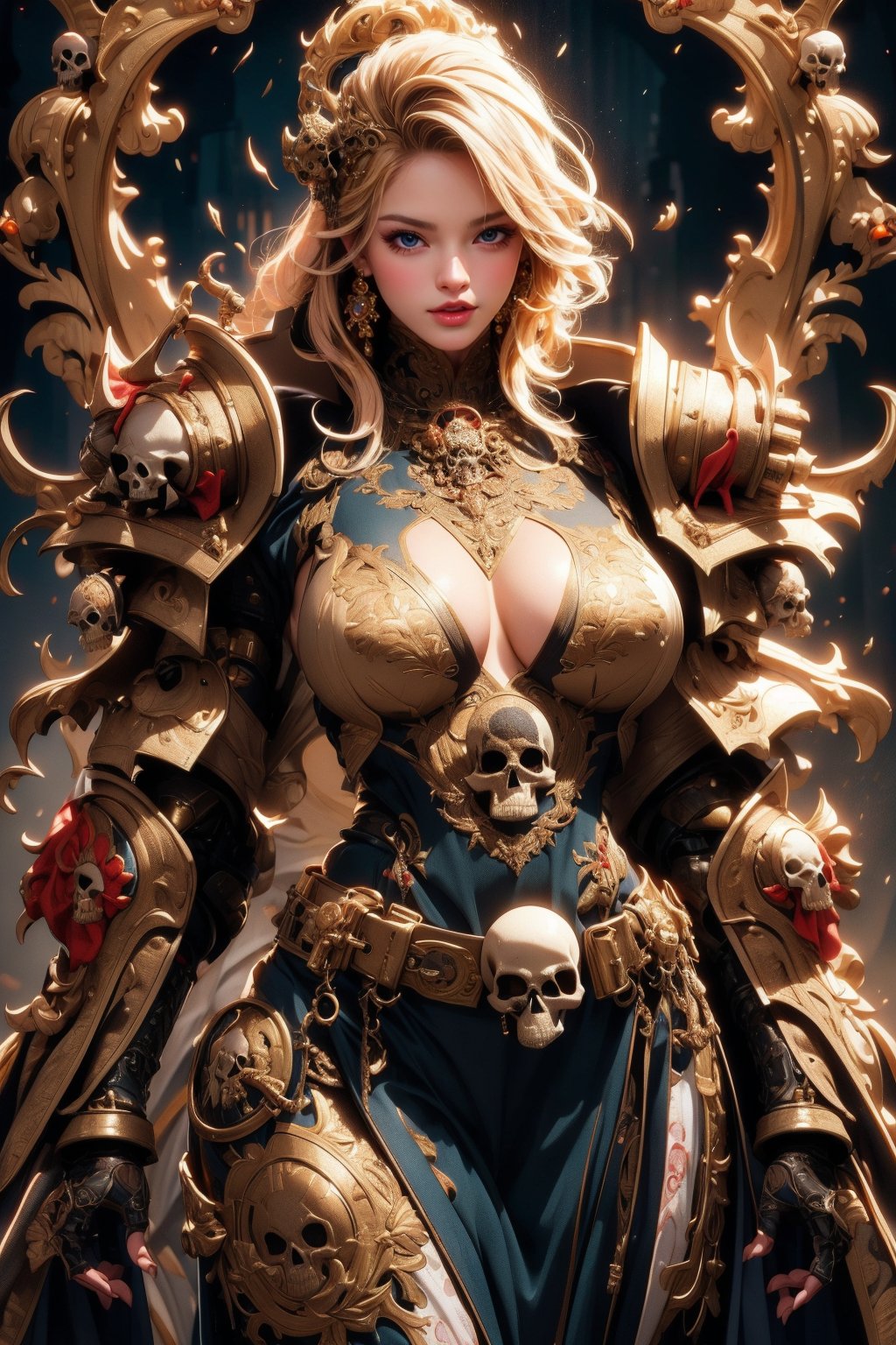 busty and sexy girl, 8k, masterpiece, ultra-realistic, best quality, high resolution, high definition. WEARING HEAVY ARMOR, The armor is adorned with a skull motif and intricate patterns, including a skull motif on the belt, intricate patterns, and mechanical elements,HKNIGHT2,GQ