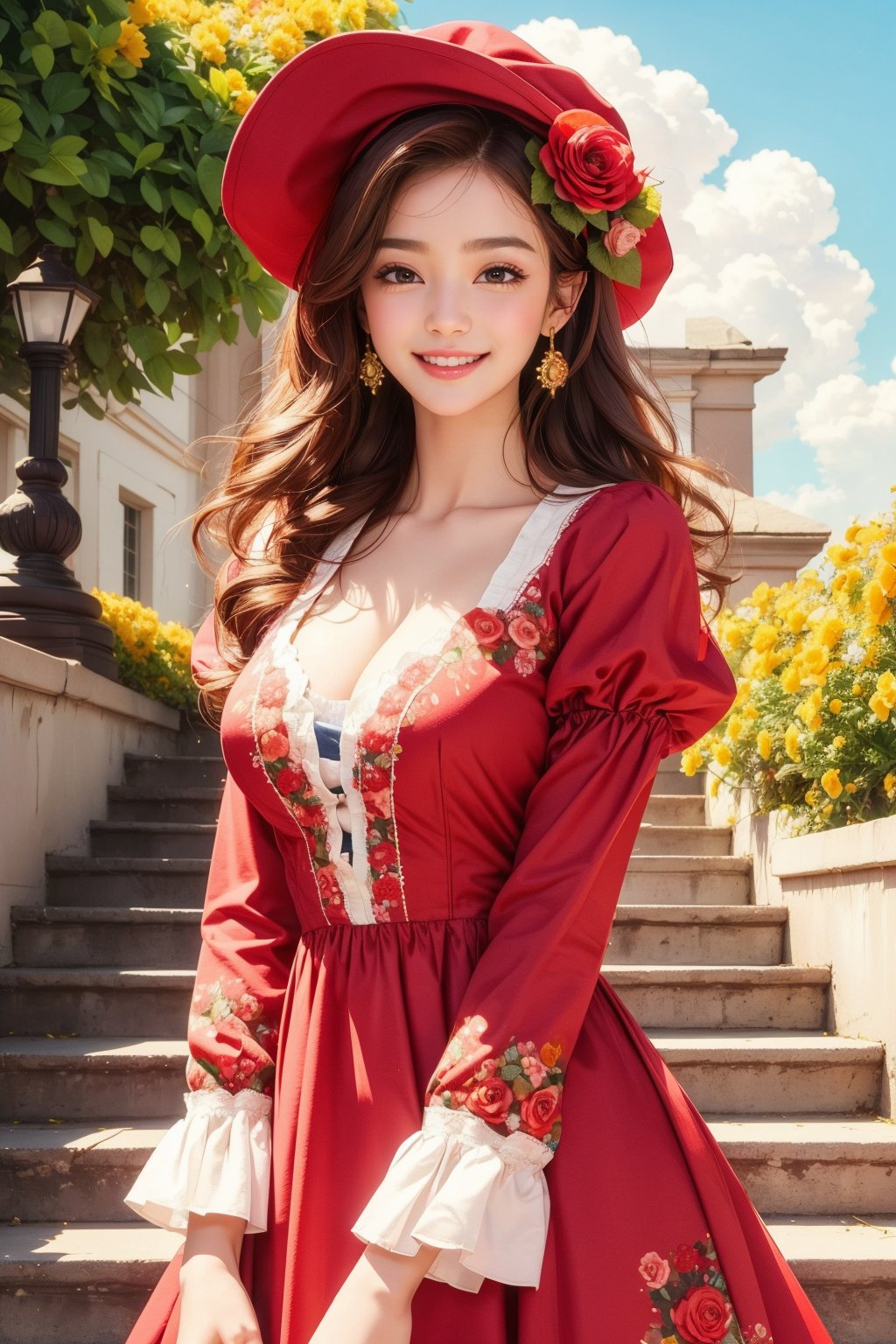 busty and sexy girl, 8k, masterpiece, ultra-realistic, best quality, high resolution, high definition, 1girl, solo, long hair, breasts, looking at viewer, smile, bangs, brown hair, hair ornament, long sleeves, hat, dress, ribbon, brown eyes, flower, outdoors, frills, parted lips, sky, day, puffy sleeves, cloud, hair flower, grin, blue sky, neck ribbon, rose, red dress, frilled dress, red flower, red headwear, blue flower, stairs, hat flower