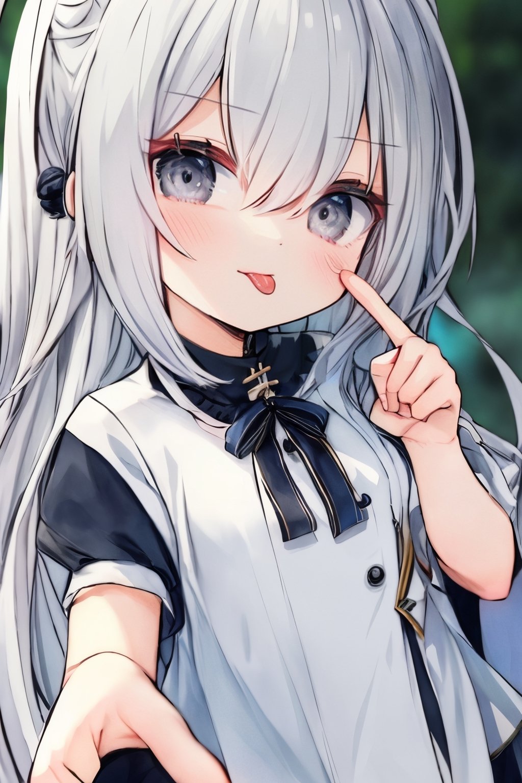 (masterpiece),,(best quality), 

(closed mouth:1.1), upper body, ahoge,  (hand up:1,1), tongue out, eyes visible through hair,  :p, akanbe, (finger pointing to the eye:1.2)

1girl, solo, long hair, looking at viewer, blush, grey hair, tongue, hand up, tongue out, hair bun, grey eyes, single hair bun, portrait, :p, akanbe