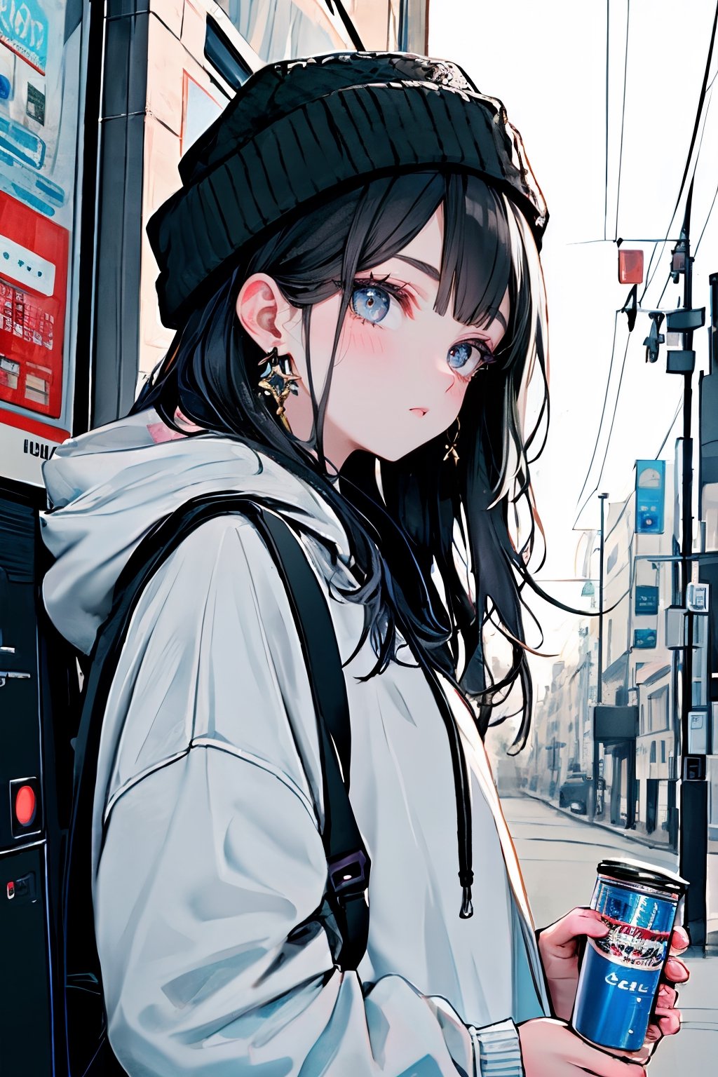 (masterpiece),,(best quality), High detailed ,masterpiece, 

1girl, solo, long hair, looking at viewer, black hair, long sleeves, hat, holding, jewelry, closed mouth, jacket, upper body, earrings, outdoors, hood, bag, from side, dated, cup, looking to the side, grey eyes, black headwear, hoodie, backpack, hood down, holding cup, hooded jacket, can, beanie, holding can, vending machine