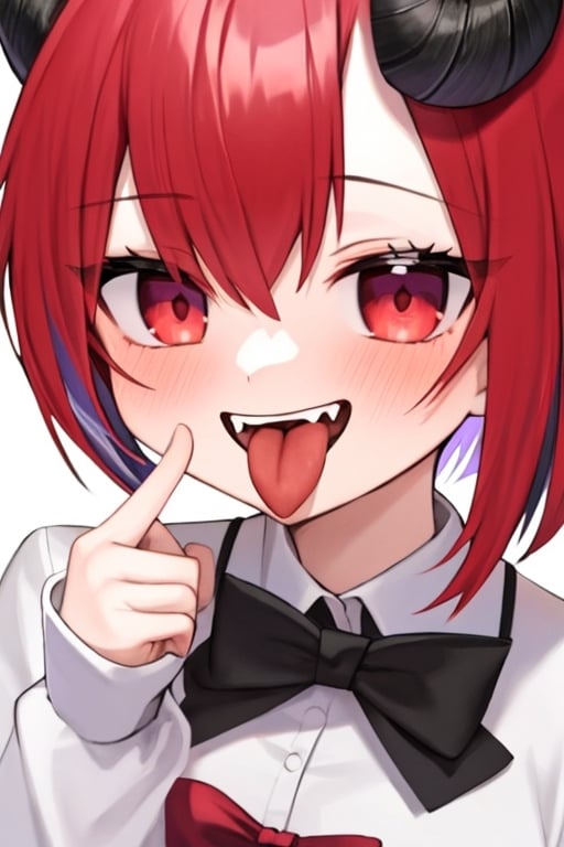 (masterpiece),(best quality), 

1girl, solo, looking at viewer, blush, smile, short hair, simple background, black hair, red eyes, white background, dress, bow, upper body, white hair, red hair, multicolored hair, horns, tongue, tongue out, bowtie, streaked hair, fangs, purple bow, purple bowtie, uneven eyes, akanbe