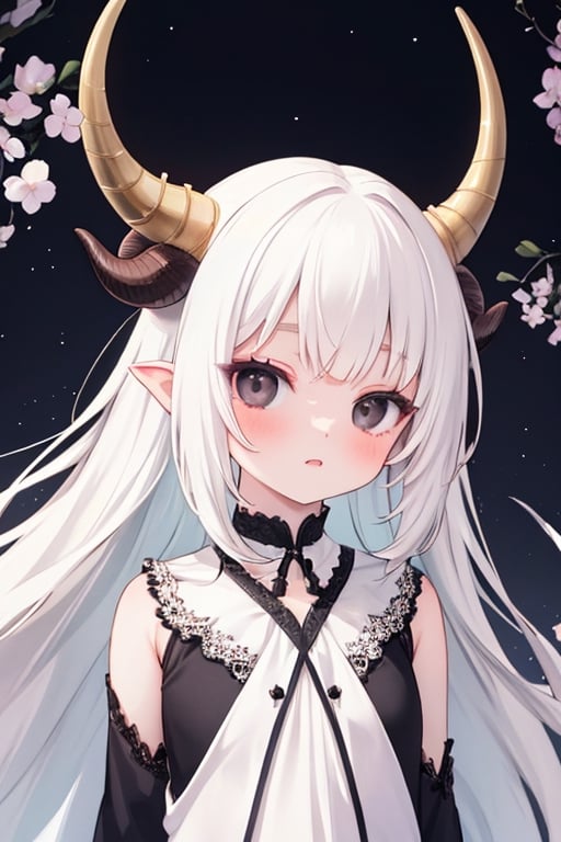 (masterpiece),,(best quality), 

(long intricate horns) ,albino girl, deep black eyes, skin reflects an almost celestial glow, highlighting her ethereal nature,  albino demon girl,goth person, upper body, 