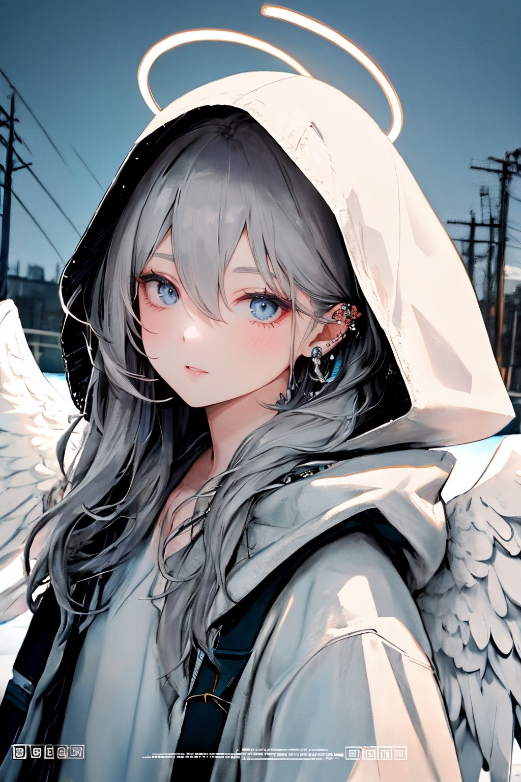 (masterpiece),,(best quality), High detailed ,masterpiece, 

1girl, solo, long hair, looking at viewer, hair between eyes, jewelry, closed mouth, jacket, upper body, grey hair, earrings, outdoors, wings, hood, english text, grey eyes, halo, piercing, hood down, ear piercing, feathered wings, hooded jacket, angel wings, white wings, angel, power lines