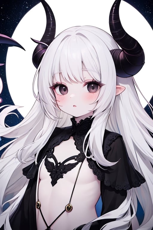 (masterpiece),,(best quality), 

(long intricate horns) ,albino girl, deep black eyes, skin reflects an almost celestial glow, highlighting her ethereal nature,  albino demon girl,goth person, upper body, 