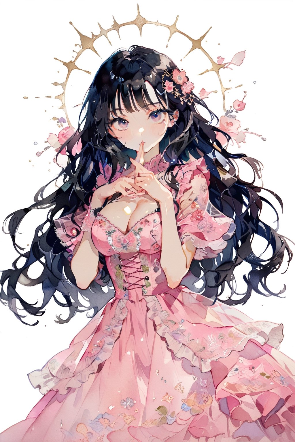 //quality
masterpiece, best quality, aesthetic, 
//Character
1girl, beautiful eyes, big eyes, (detailed eyes:1.2), (perfect eye:1.2),
black hair, long hair,  large breasts, dinamic pose
//Fashion 
holding pistole, pink dress, Dresses with ruffles and detailed embroidery,
//Background 
(watercolor:0.5), simple background, 