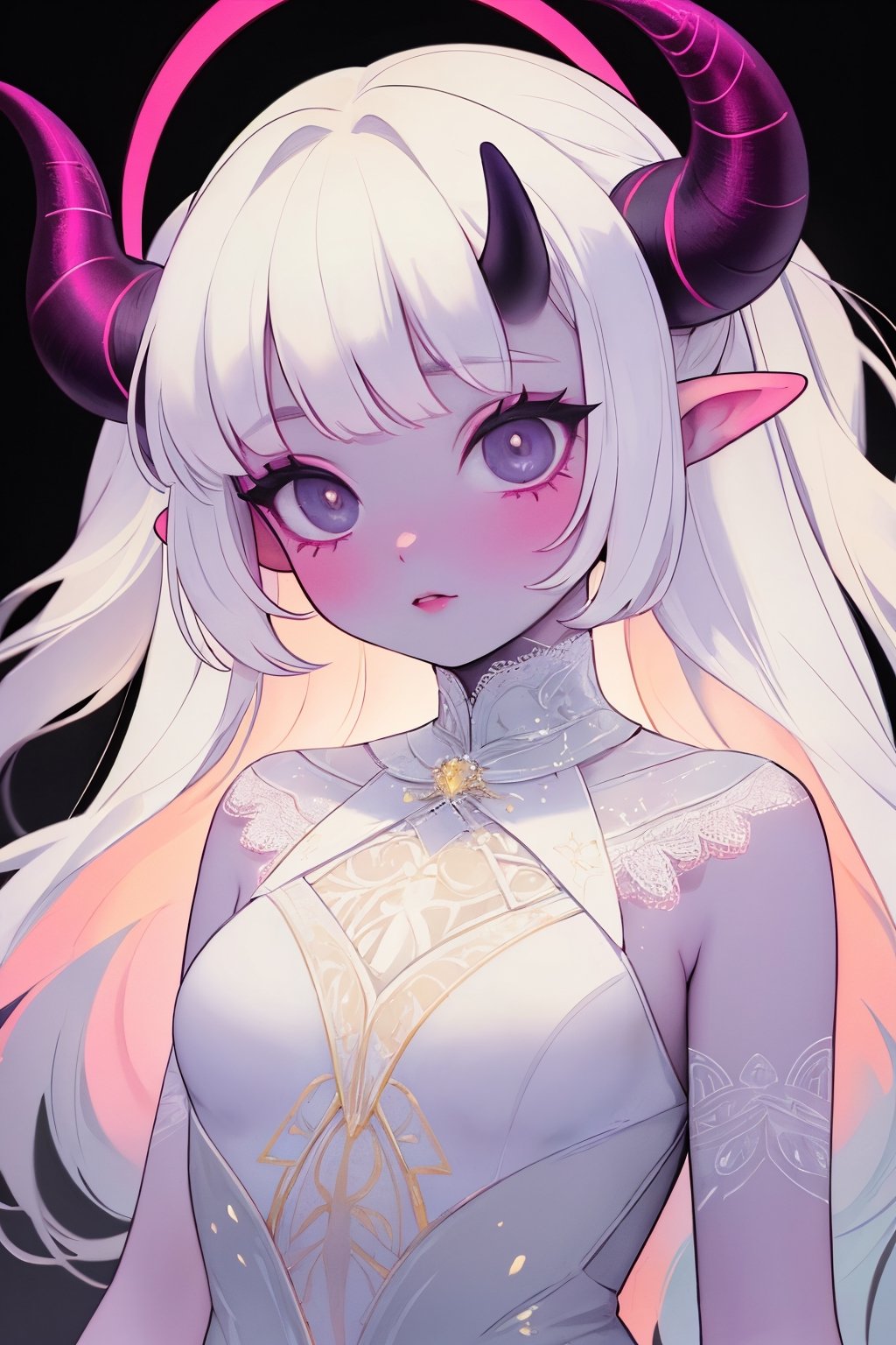 (masterpiece),,(best quality), 

(long intricate horns:1.2) ,albino girl, deep black eyes, skin reflects an almost celestial glow, highlighting her ethereal nature,  albino demon girl,goth person