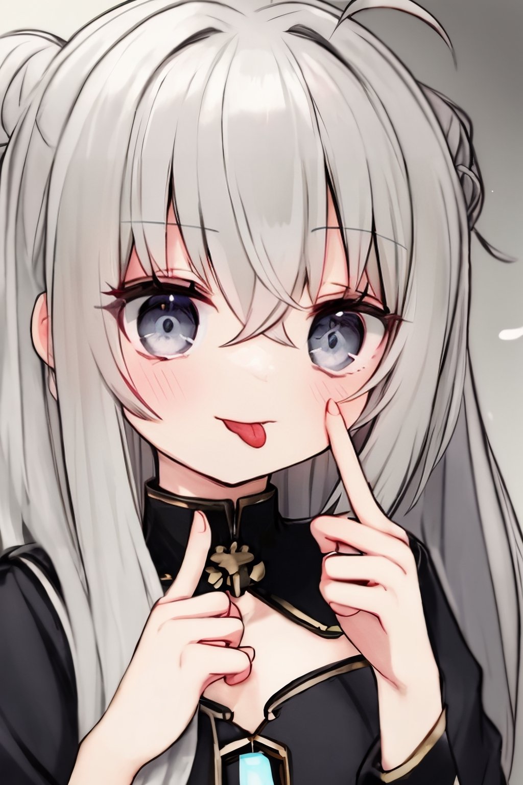 (masterpiece),,(best quality), 

(closed mouth:1.1), upper body, ahoge,  (hand up:1,1), tongue out, eyes visible through hair,  :p, akanbe, (finger under the eye:1.2)

1girl, solo, long hair, looking at viewer, blush, grey hair, tongue, hand up, tongue out, hair bun, grey eyes, single hair bun, portrait, :p, akanbe