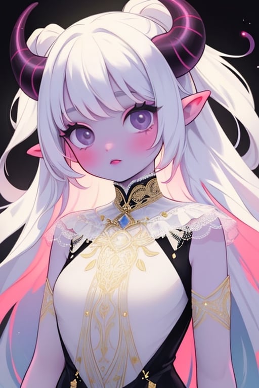 (masterpiece),,(best quality), 

(long intricate horns) ,albino girl, deep black eyes, skin reflects an almost celestial glow, highlighting her ethereal nature,  albino demon girl,goth person, upper body, 