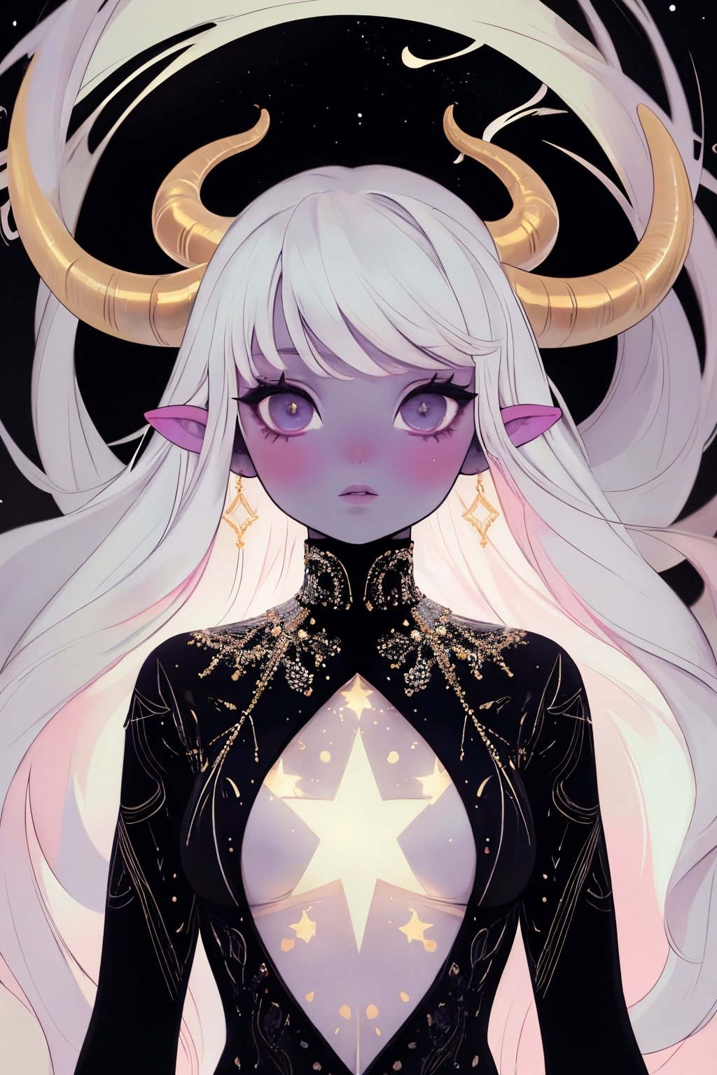 (masterpiece),,(best quality), 

(long intricate horns:1.2) ,albino girl, deep black eyes, skin reflects an almost celestial glow, highlighting her ethereal nature,  albino demon girl,goth person, upper body, 