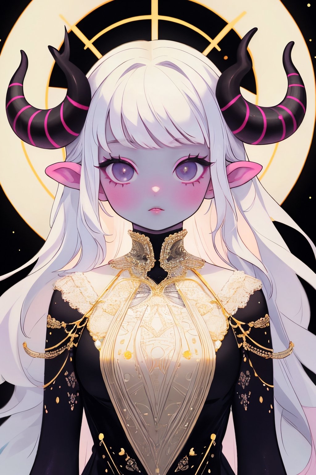 (masterpiece),,(best quality), 

(long intricate horns:1.2) ,albino girl, deep black eyes, skin reflects an almost celestial glow, highlighting her ethereal nature,  albino demon girl,goth person, upper body, 