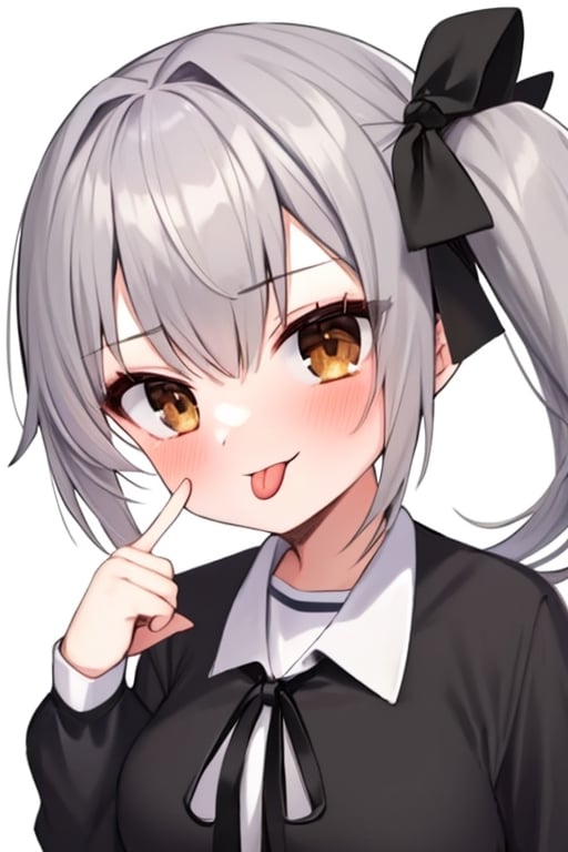 (masterpiece),(best quality), 

1girl, solo, long hair, looking at viewer, blush, simple background, shirt, long sleeves, white background, ribbon, brown eyes, hair ribbon, white shirt, grey hair, tongue, tongue out, side ponytail, black ribbon, :p, akanbe