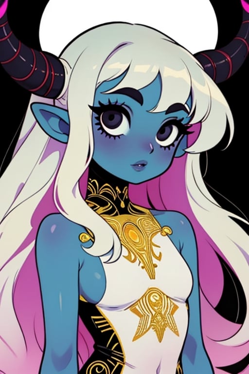 (masterpiece),,(best quality), 

(long intricate horns) ,albino girl, deep black eyes, skin reflects an almost celestial glow, highlighting her ethereal nature,  albino demon girl,goth person, upper body, 