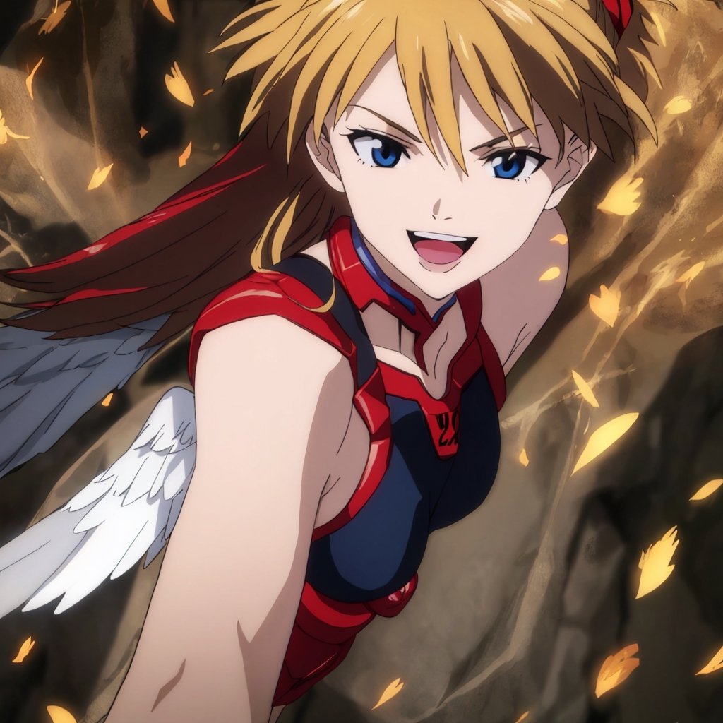 asuka,angel_wings, angel, masterpiece, full details, details, black eyes, blonde laughed hair, dynamic background  , blue eyes