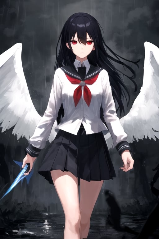 girl walking to school, sexy uniform, long hair, rainy weather, red eyes, black hair, slender body, thunder background, magical creatures in the background.