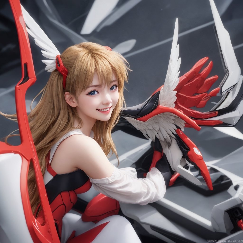 asuka,angel_wings, angel girl, masterpiece, full details, details, black eyes, blonde laughed hair, dynamic background  , blue eyes