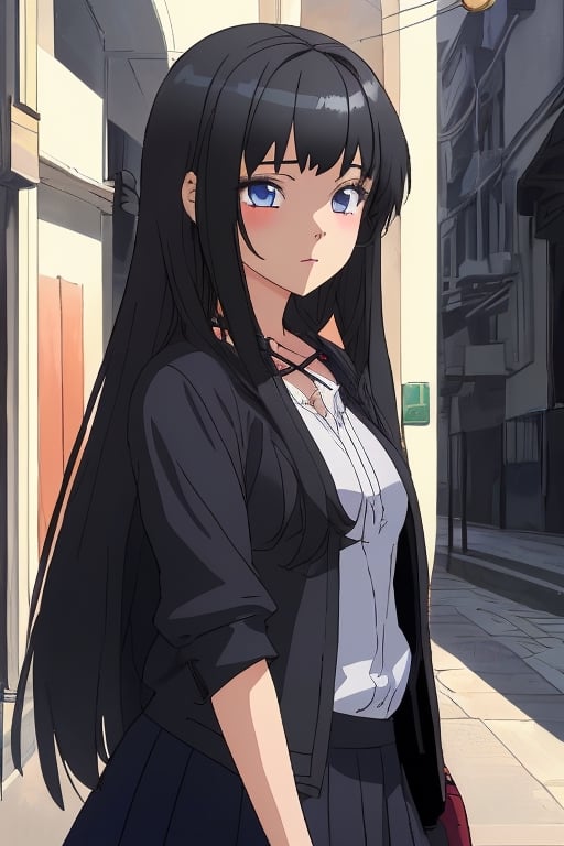 infernal princess, with human form but with diabolical features, full details, 1 girl, casually dressed, slender body, blue eyes, black hair color, light skin, masterpiece,aakurumi,Ingrid,minami