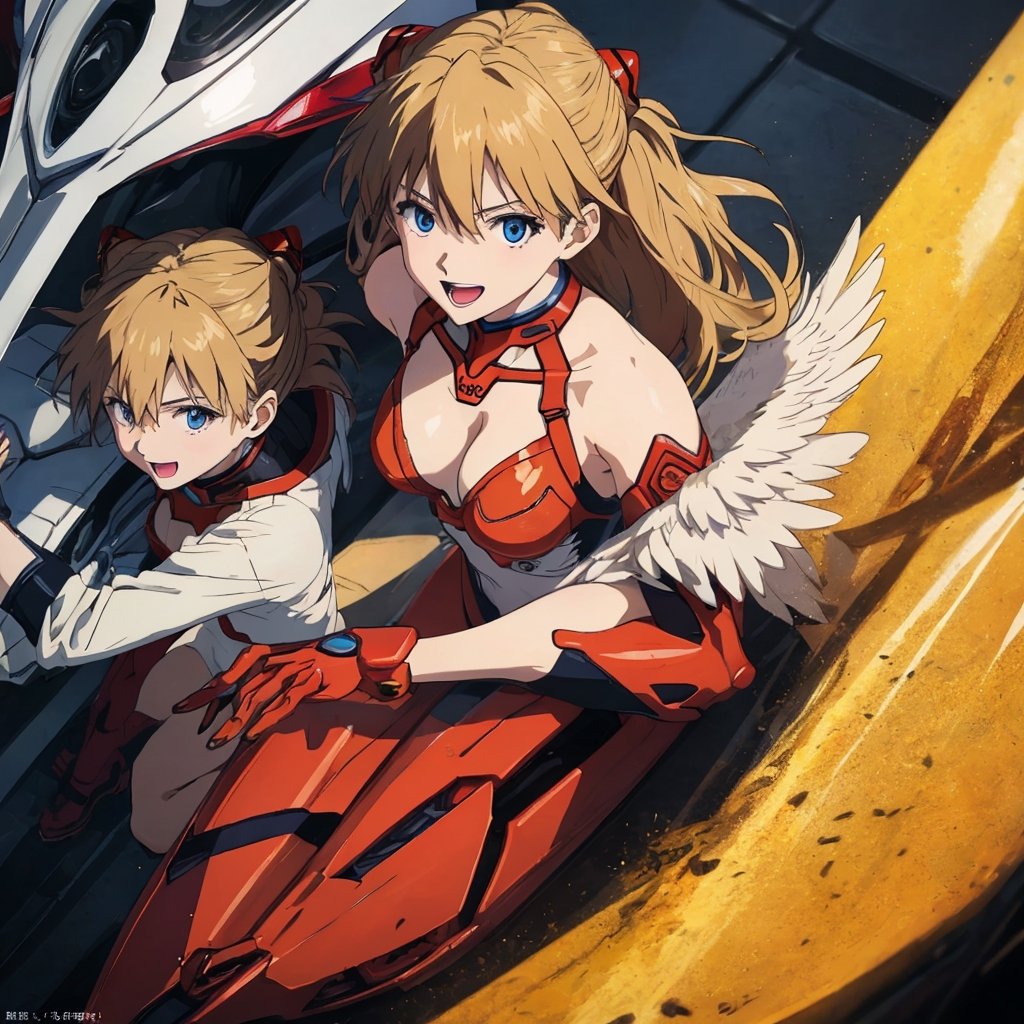 asuka,angel_wings, angel, masterpiece, full details, details, black eyes, blonde laughed hair, dynamic background  , blue eyes